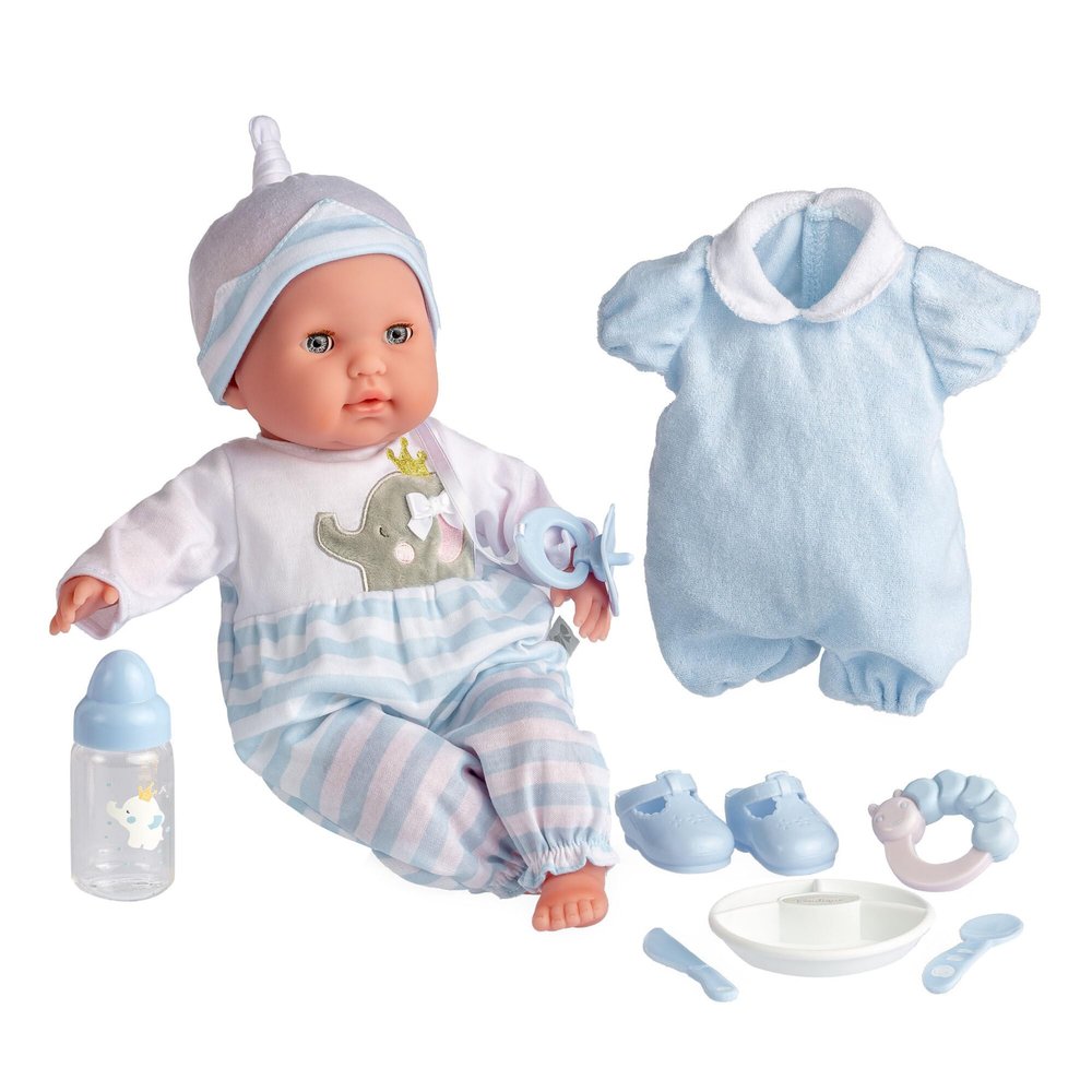 15" Realistic Soft Body Baby Doll with Open/Close Eyes | JC Toys - Berenguer Boutique | 10 Piece Gift Set with Bottle, Rattle, Pacifier & Accessories | Blue | Ages 2+