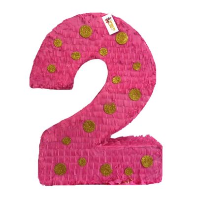20" Tall Hot Pink & Gold Polka Dots Number Two Pinata Second Birthday Princess Party