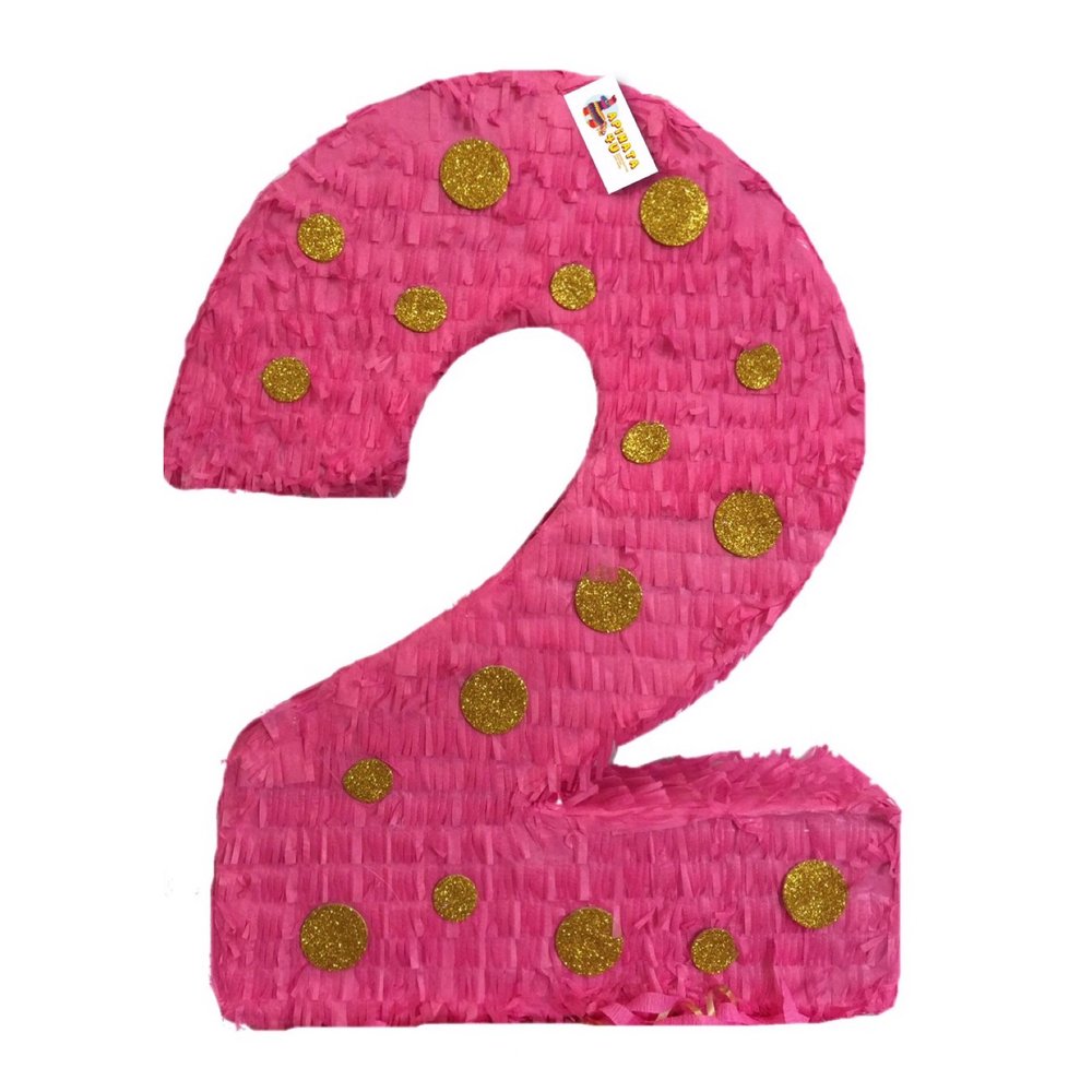20" Tall Hot Pink & Gold Polka Dots Number Two Pinata Second Birthday Princess Party