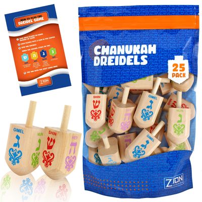 Zion Judaica Large Wood Dreidels Hanukkah Toy Bulk Pack Ziplock Bag 3" Wooden Driedels Natural Wood Spinning Top Dreidlech w/Hebrew Letters and English Transliteration Traditional Chanukah Game 25-PK