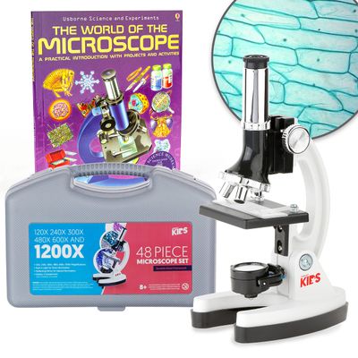 AmScope 1200X 48-pcs Kids Student Beginner Microscope Kit with Slides, LED Light, Carrying Box and Book The World of The Microscope