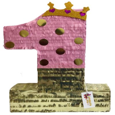APINATA4U Large Pink & Gold Number One Pinata with Tiara 20" Tall Princess Party First Birthday Party Supplies Decorations 1st