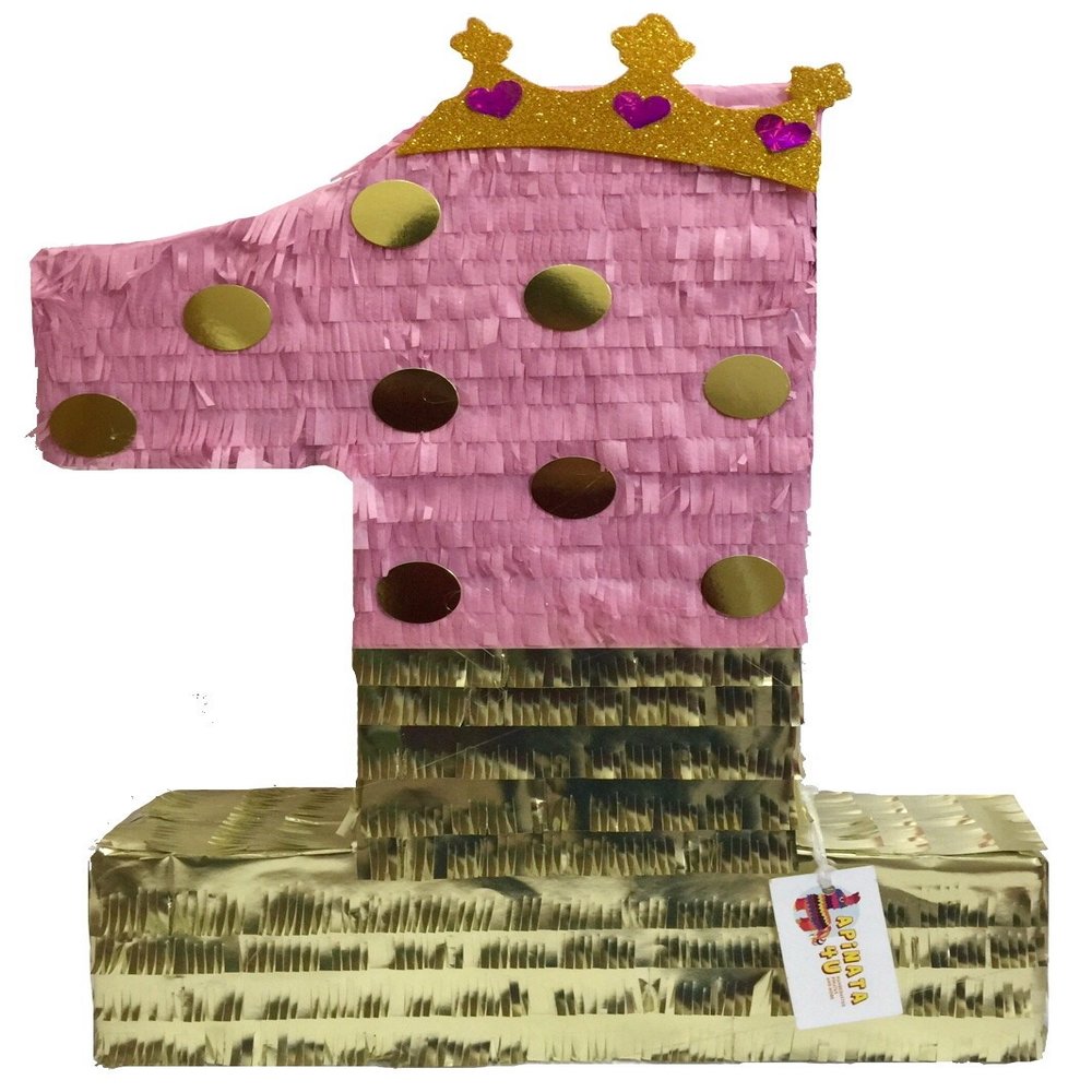 APINATA4U Large Pink & Gold Number One Pinata with Tiara 20" Tall Princess Party First Birthday Party Supplies Decorations 1st