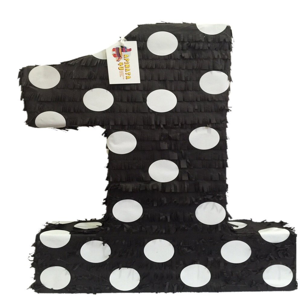 20" Tall Black Number One Pinata with White Polka Dots First Birthday Party Supplies Black & White Themed