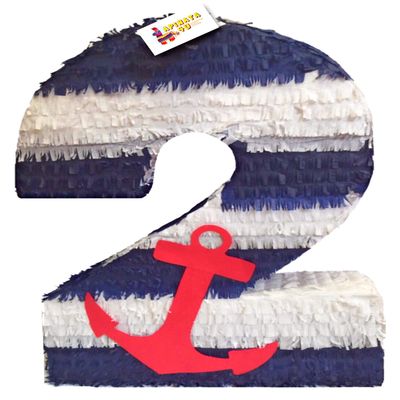 20" Tall Nautical Theme Number Two Pinata with Red Anchor Second Birthday Party Nautical Theme Fishing Party Decoration