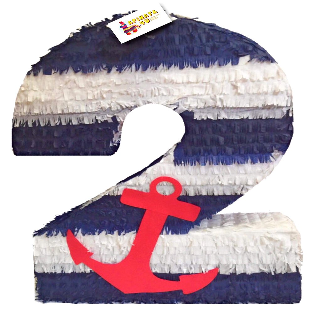 20" Tall Nautical Theme Number Two Pinata with Red Anchor Second Birthday Party Nautical Theme Fishing Party Decoration