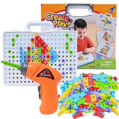 Drill & Build Toy STEM Set Creative Educational with Real Toy Drill - Construction Game Mosaic Design Building Toys Tool Kit for Kids and Toddlers