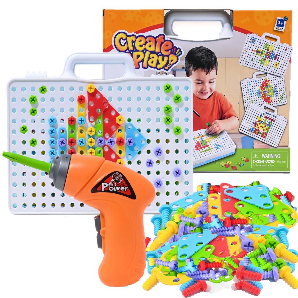 Drill & Build Toy STEM Set Creative Educational with Real Toy Drill - Construction Game Mosaic Design Building Toys Tool Kit for Kids and Toddlers