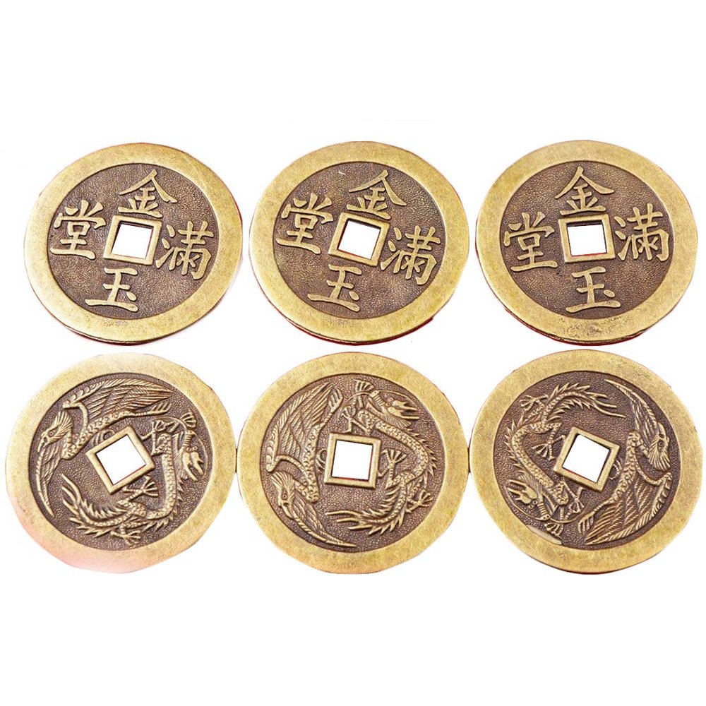 6pcs Chinese Fortune Coins-feng Shui Dragon-Phoenix Fortune Coins + Gift Bag Y1125