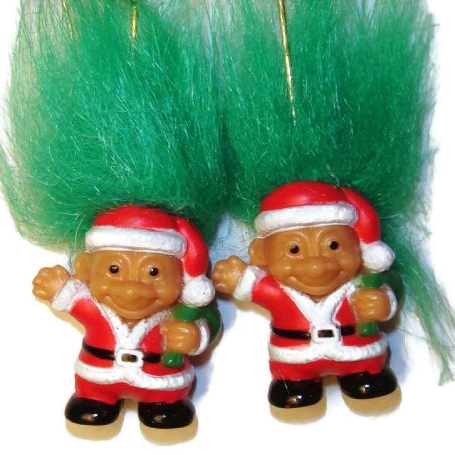 Russ Santa Troll Doll Earrings w/ Green Hair Holiday 1"