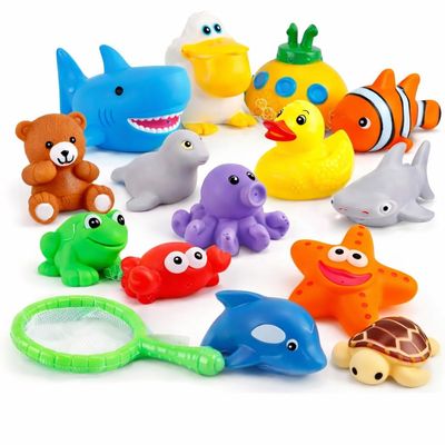 15 PCS Ocean Animals Rubber Bath Toy Water Squirters with Floating Bathtub Squeeze and Play Soft Sea Creatures anf Fishing Net for Baby, Toddlers and Kids