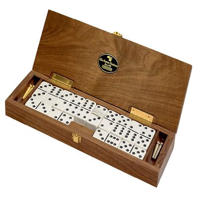 Alex Cramer Le Club' Luxury Domino Set with Handcrafted Walnut Case and Cribbage/Counter Top - Tournament Quality 28 Indestructible (Double 6 Domino Set with Brass Plate)