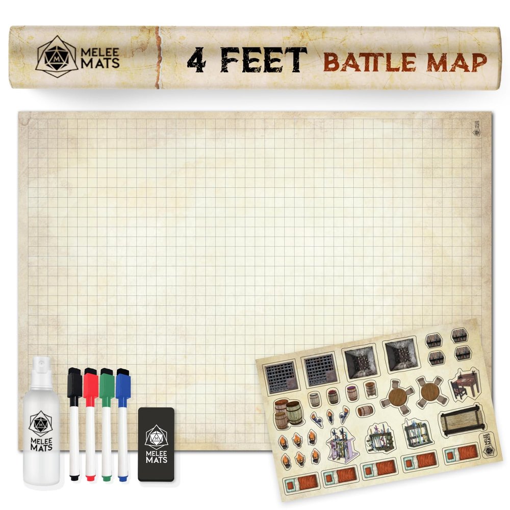 Melee Mats DND Map Starter Set - 35 x 48", Wet & Dry Erase Battle Terrain Grid for Dungeons and Dragons - Ultimate Tabletop Gaming Experience with Accessories