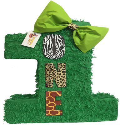 APINATA4U 20"Tall Green Number One Pinata with Bow Tall Safari Theme Birthday Zoo Animals Wild One Theme