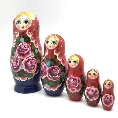 Russian Beauty with Rose Nesting Dolls 5 Pieces Set Hand Carved Hand Painted Babushka Doll