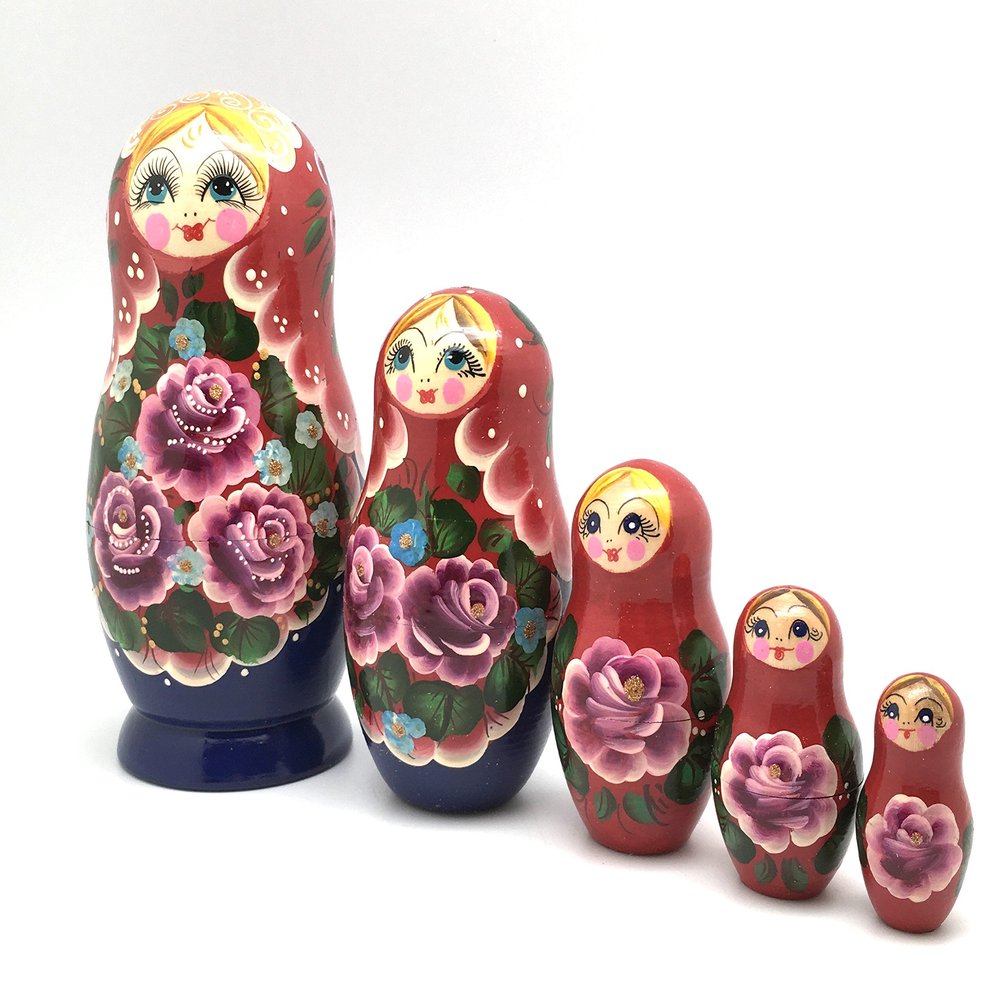 Russian Beauty with Rose Nesting Dolls 5 Pieces Set Hand Carved Hand Painted Babushka Doll
