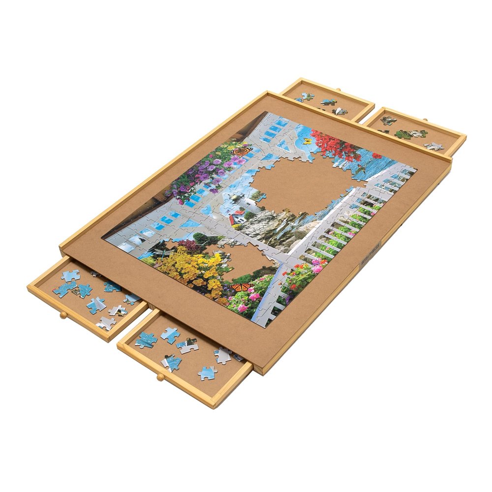 Bits and Pieces Puzzle Board with Drawers 1500 Piece Jigsaw Puzzle Table Organizer Premium Wooden Puzzle Board for Adults, 26"x35" Smooth Non-Slip Surface, Portable Puzzle Table with Sorting Trays