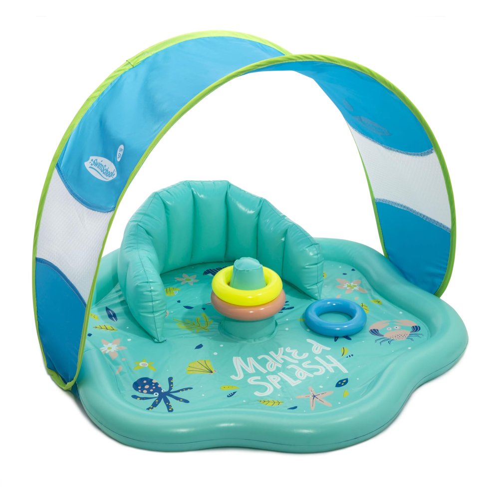 SwimSchool Baby Splash Play Mat with Adjustable Canopy Inflatable Play Pool for Babies & Infants with Backrest Includes Baby Water Toy Rings