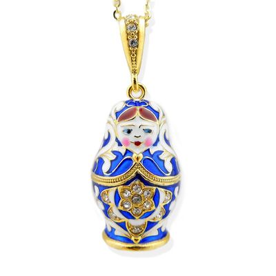 Religious Gifts Blue Silver 925 Gold Tone Matreshka Matryoshka Hand Enamel Pendant, Hand Enamel Hand Painted