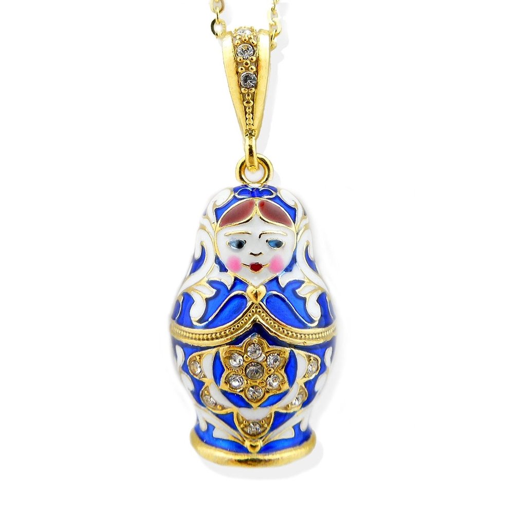 Religious Gifts Blue Silver 925 Gold Tone Matreshka Matryoshka Hand Enamel Pendant, Hand Enamel Hand Painted