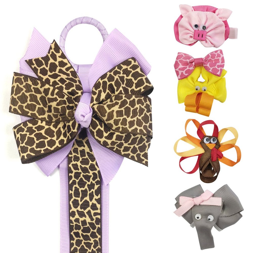 Allydrew Duck, Turkey, Elephant, Pig Ribbon Sculpture Hair Clips with Leopard Hair Bows & Hair Clips Organizer, Purple
