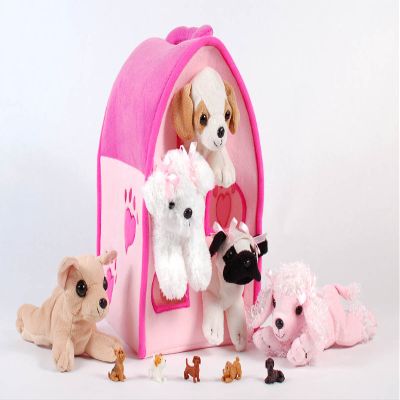 Unipak SFS Gift Bundle - 12" Plush Pink Dog House Carrying Case with Five (5) Stuffed Animal Dogs (Pink Poodle, Pug, Chihuahua, Beagle, and White Terrier) + Five Mini Puppy Figures