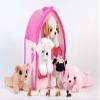 Unipak SFS Gift Bundle - 12" Plush Pink Dog House Carrying Case with Five (5) Stuffed Animal Dogs (Pink Poodle, Pug, Chihuahua, Beagle, and White Terrier) + Five Mini Puppy Figures view 1