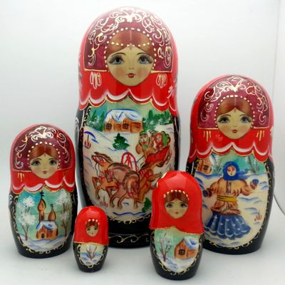 Russian Winter Horse Troika Nesting Set Wood Hand Painted Doll 7" Tall
