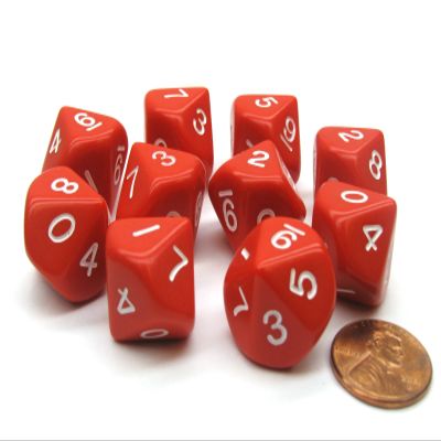 10 Piece Set of 10-Sided D10 Polyhedral Dice - Red with White Numbers
