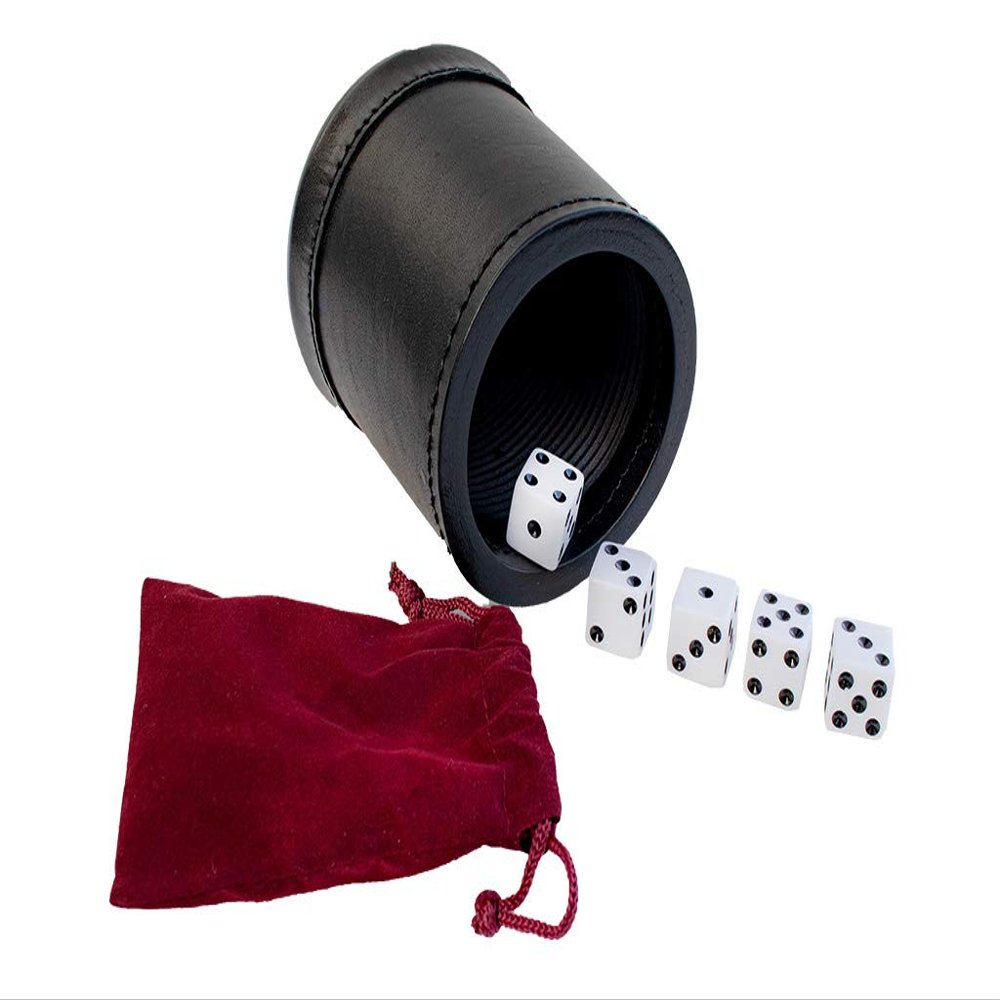 Alex Cramer Golden Gate Dice Shaker Cup Set - 5 White Dice, Drawstring Pouch & Book of Dice Games (Liars Dice) Included - Leather Dice Cup - Quiet Shaking.