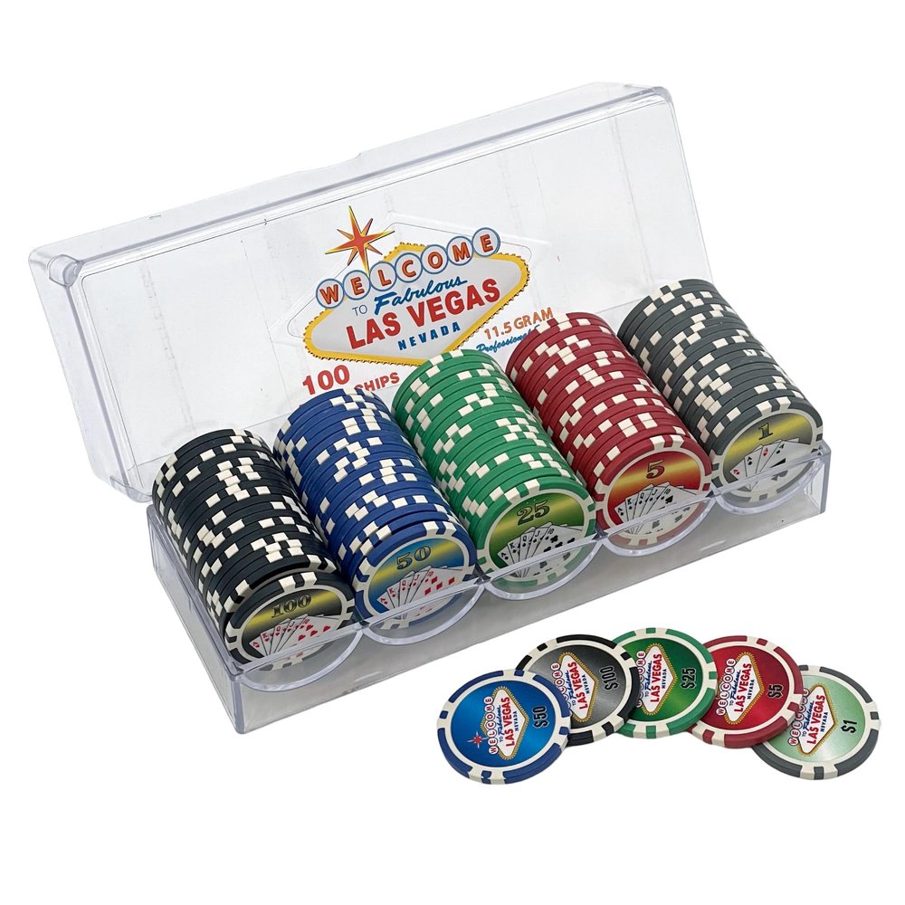 100 Piece Las Vegas Design Poker Chips in Clear Plastic Tray