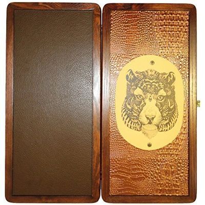 21" Backgammon Board Game Set Tiger, Wood & Crocodile Leather, Pieces & Dices