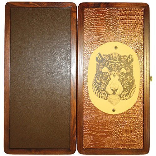 21" Backgammon Board Game Set Tiger, Wood & Crocodile Leather, Pieces & Dices