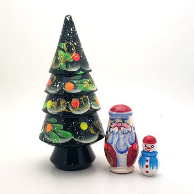 Christmas Tree Santa Snowman Russian Nesting Dolls Hand Painted 3 Piece Set 4 1/2 Tall