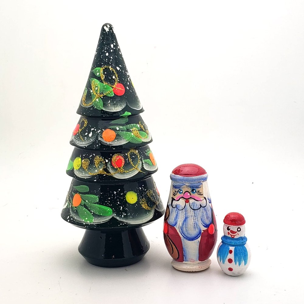 Christmas Tree Santa Snowman Russian Nesting Dolls Hand Painted 3 Piece Set 4 1/2 Tall