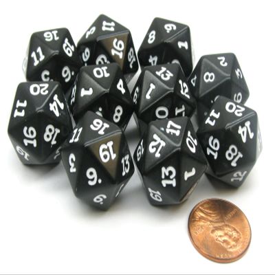 Koplow Games Set of 10 Twenty Sided 19mm D20 Opaque RPG Dice - Black with White Numbers Die