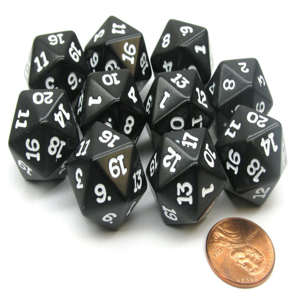 Koplow Games Set of 10 Twenty Sided 19mm D20 Opaque RPG Dice - Black with White Numbers Die
