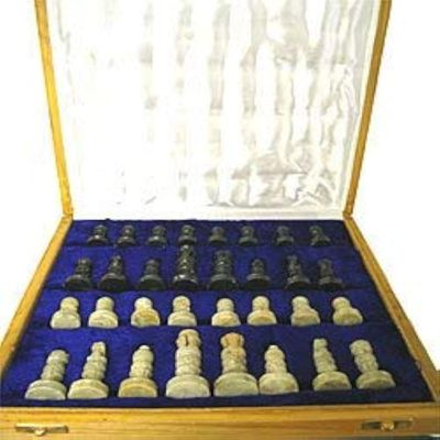 Natural Soapstone Chess Set 8" inch Home Decorative for Chess Board Game Pieces Gifting Purpose Stone Mini Chess Set Black & White Portable Hand Carved Handcrafted Stone Pieces Wooden Box Art Board