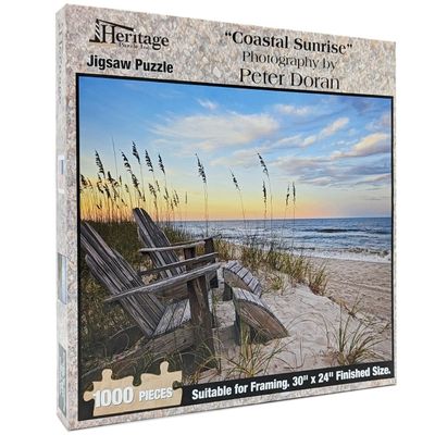 Heritage Puzzle Coastal Sunrise Beach Ocean Jigsaw Puzzle for Adults 1000 Pieces, Frameable 30" x 24" Relaxing Coastal Puzzles - Serene Scene on Sandy Shore by Peter Doran - Made in U.S.A.