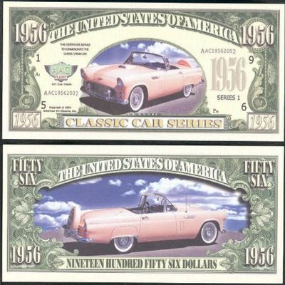 1956 Thunderbird T-Bird Novelty Money Bill in Collector Grade Currency Holder