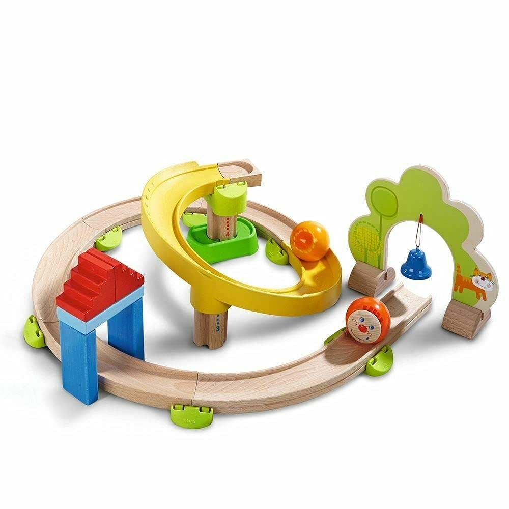 HABA Ball Run - Kullerbu Spiral Track, 26 Piece Wood & Plastic Marble Run Set with Wild Curves & Bell for Kids 2-6, STEM Toy Marble Maze Building Set