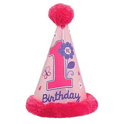 American Greetings Cone Hat w/Faux Fur Trim | 1st Birthday Girl | Flowers and Butterflies Collection