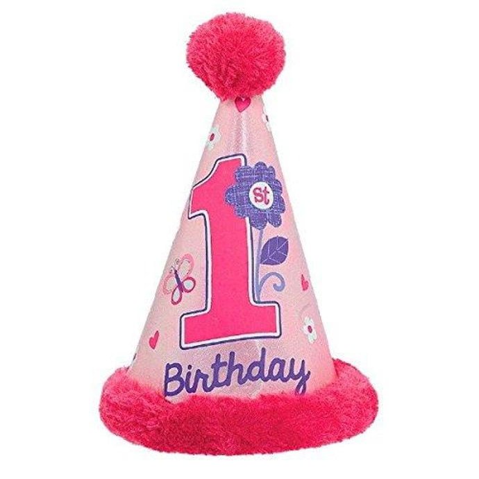 American Greetings Cone Hat w/Faux Fur Trim | 1st Birthday Girl | Flowers and Butterflies Collection