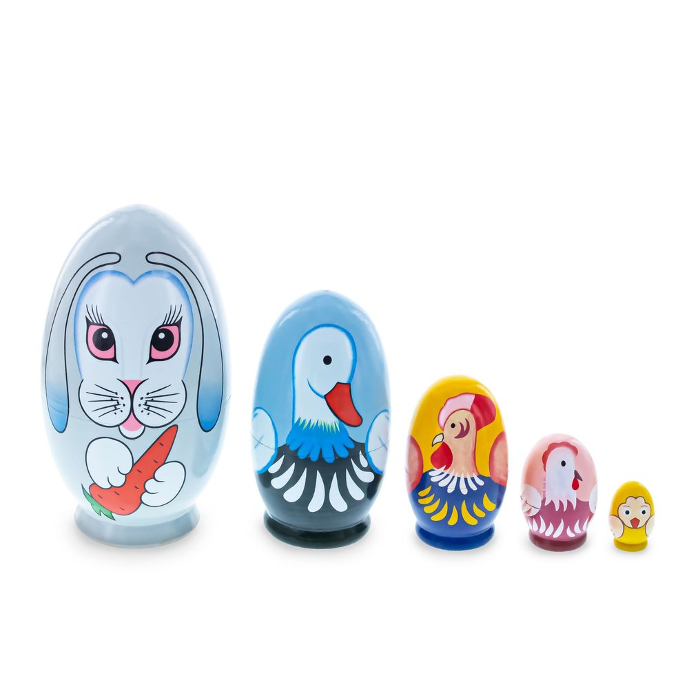 BestPysanky 5 Bunny, Duck, Rooster, Hen & Chick Egg Shape Wooden Nesting Dolls 5 Inches