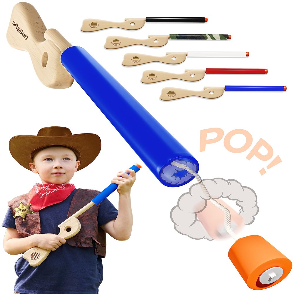 Blue Toy Pop Gun for Kids - Wooden Toy Guns for Boys 3-7 Yrs Old - Fake Handgun with Sturdy Wood Finish & Plastic Popper Cap - Fun Hand Rifles & Pistol Toys for Small & Big Kid Play - Made in The USA