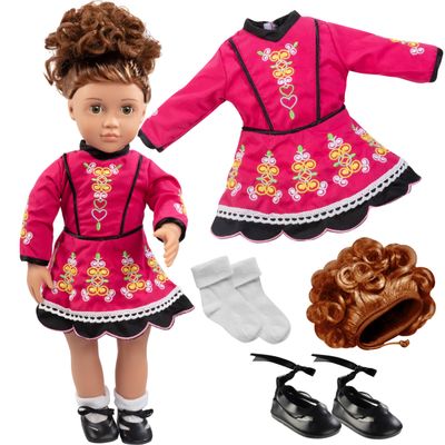 Irish Step Dancing Doll Outfit (4 Piece Set)- Premium Handmade Clothes and Accessories for All 18" Dolls -Costume Includes Dance Dress, Brunette Hairpiece, Gillies, & Leggings-Gift for Girls Birthdays