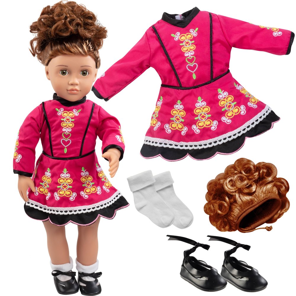 Irish Step Dancing Doll Outfit (4 Piece Set)- Premium Handmade Clothes and Accessories for All 18" Dolls -Costume Includes Dance Dress, Brunette Hairpiece, Gillies, & Leggings-Gift for Girls Birthdays