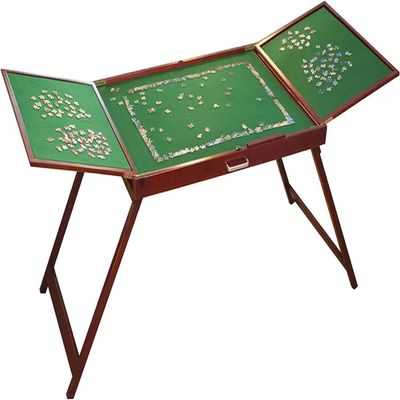 Bits and Pieces Fold-and-go Wooden Jigsaw Puzzle Table with Legs Folding Puzzle Board 1500 Pieces, Non-Slip Top, Carry Handle, 2 Felt Sorting Areas 66" x 25" Work Surface