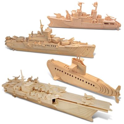 Puzzled Bundle of Submarine, Destroyer, Battleship & Aircraft Carrier Wooden 3D Puzzles Construction Kits, Educational DIY Naval Ships Toys Assemble Models Unfinished Wood Craft Hobby Puzzles - 4 Pack