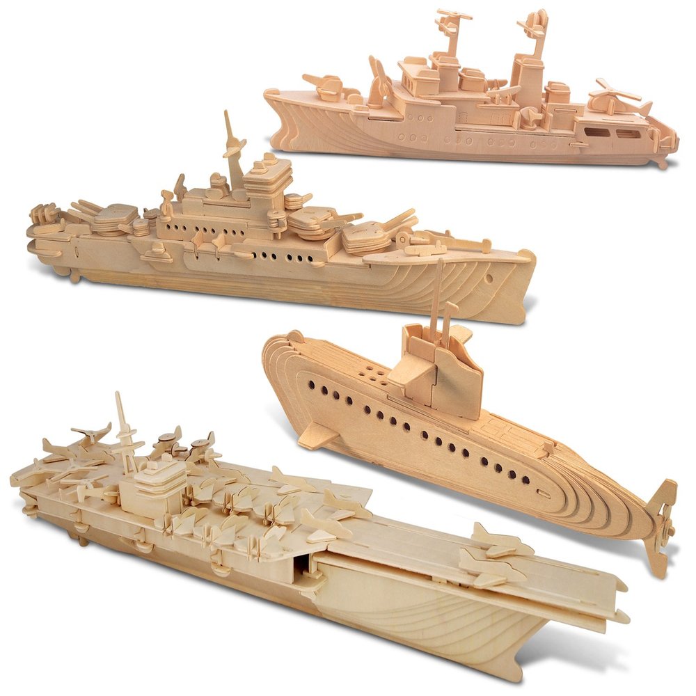 Puzzled Bundle of Submarine, Destroyer, Battleship & Aircraft Carrier Wooden 3D Puzzles Construction Kits, Educational DIY Naval Ships Toys Assemble Models Unfinished Wood Craft Hobby Puzzles - 4 Pack